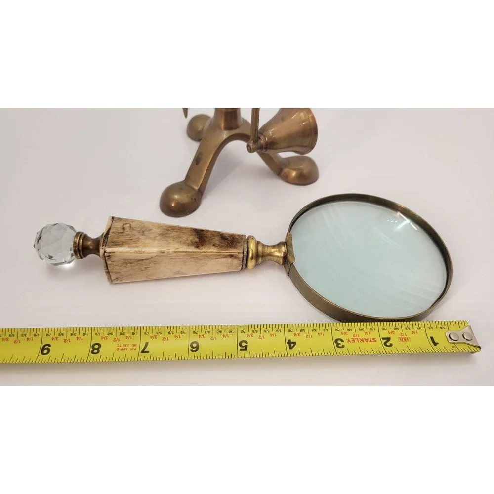 Vintage Brass Desk Set Bone Handles Crystal Knobs Magnifier Opener Snuffer